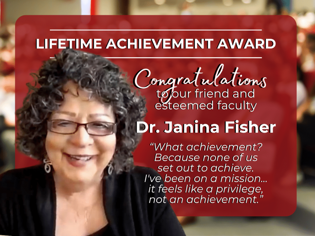 Janina Fisher lifetime achievement award red background white letters glasses dark curly hair