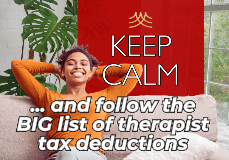 black self-employed therapist relaxing in tax deductions white couch plant red background keep calm