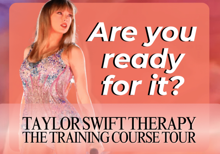 taylor swift therapy online training course pink background white black text