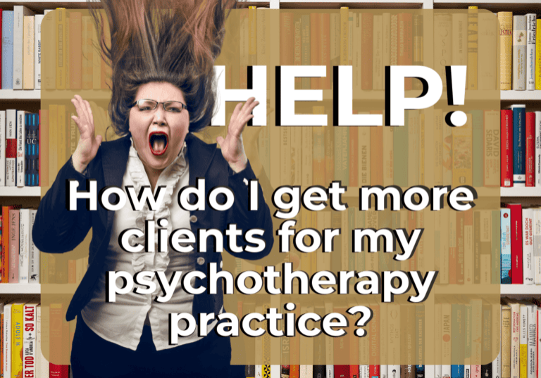 woman psychotherapst stressed How to Get Clients As a Therapist bookshelves books glasses crazy hair help